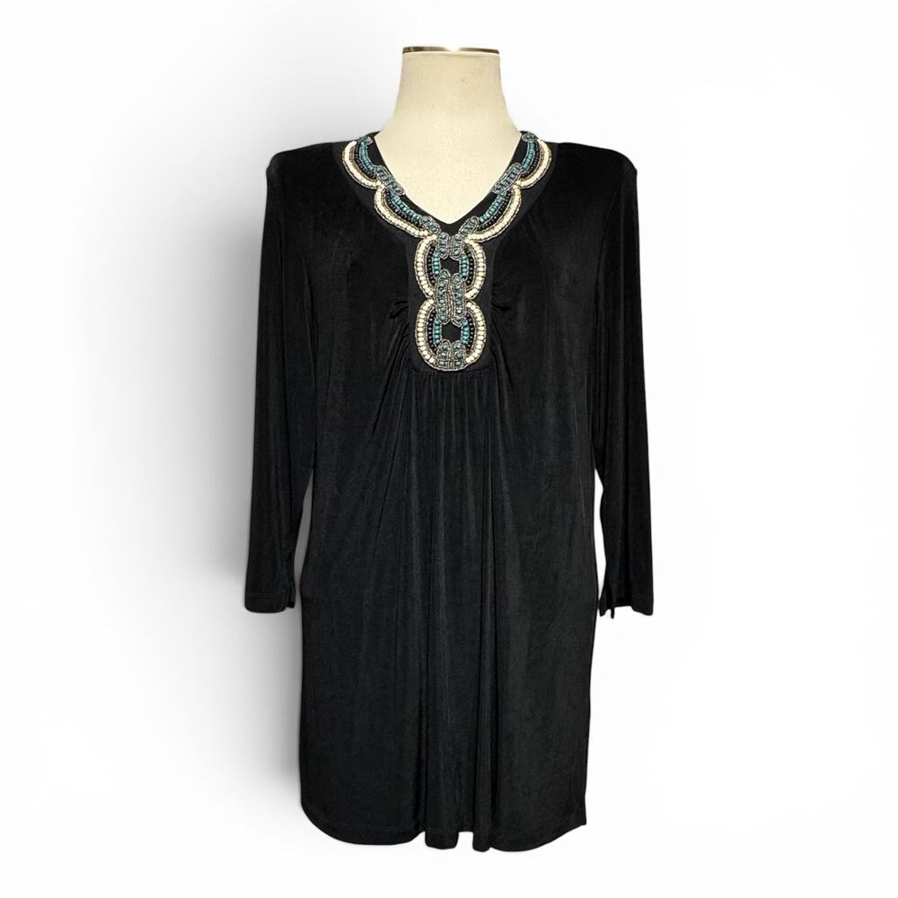 Chico's Travelers Beaded Tunic Top 3/4 Sleeve Black 2 Large
